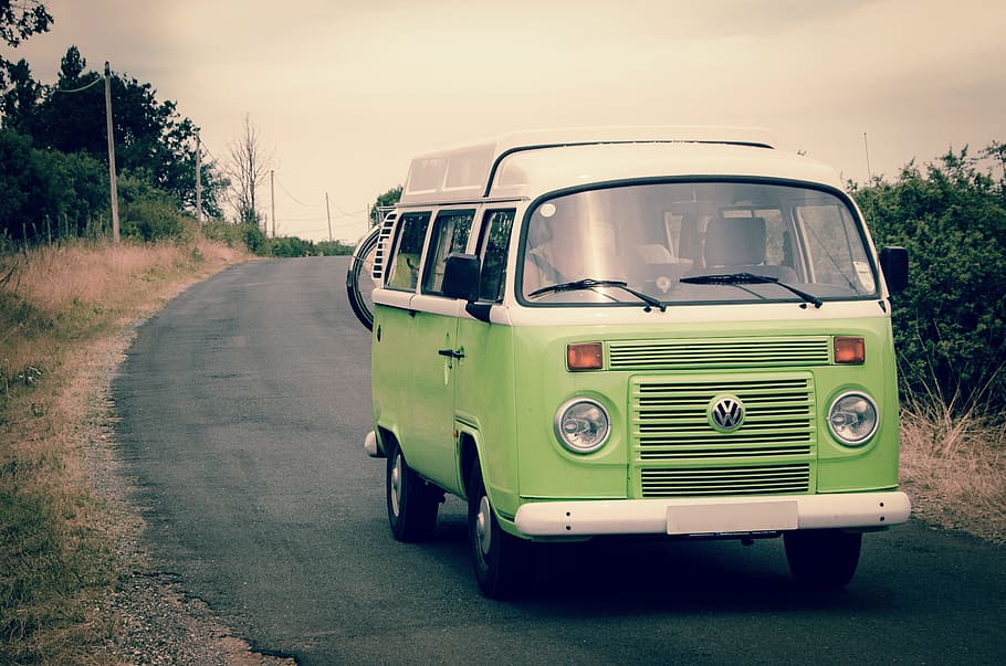 green Volkswagen bus photography during daytime, van, vw, travel