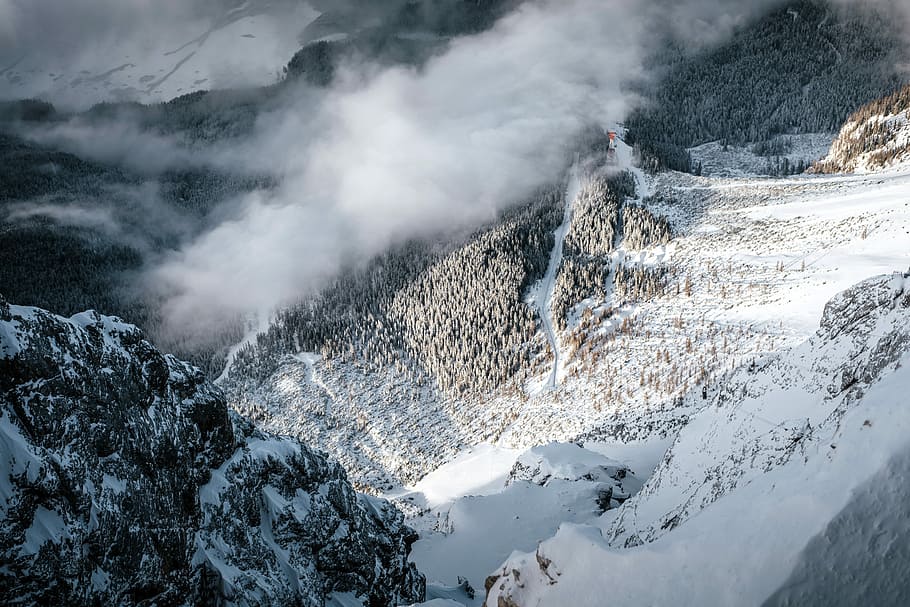 snow capped mountains covered with smoke during daytime, snow covered mountain HD wallpaper