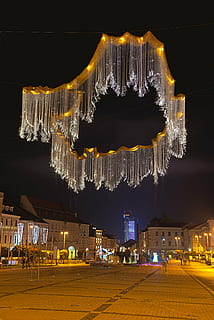 light expo, art, night, buildings, banská bystrica, city, dark HD wallpaper