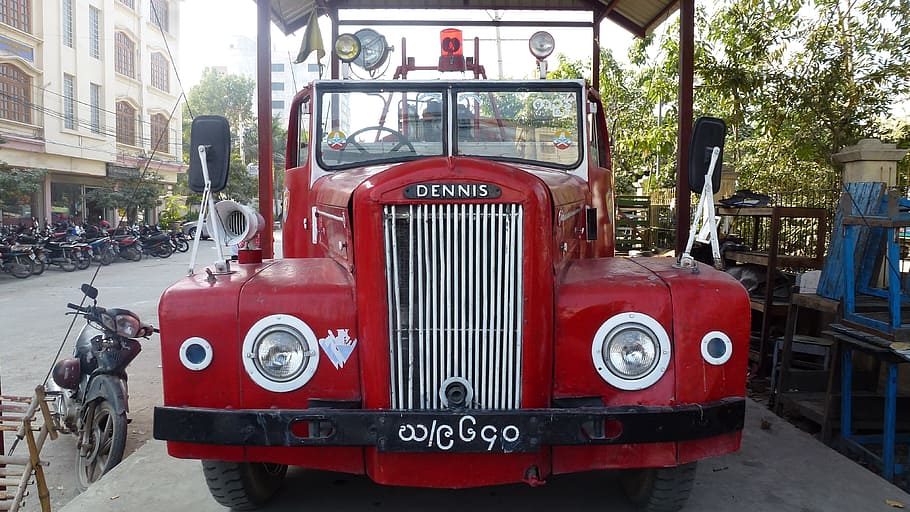myanmar, fire engine, dennis, automobile, car, classic, vintage HD wallpaper