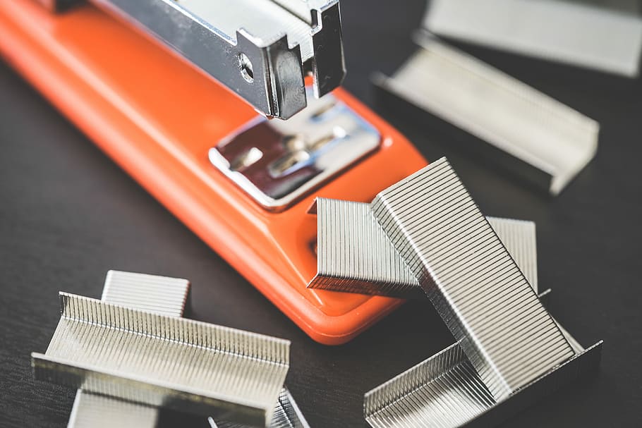 Red Office Stapler and Pile of Copper Office Staples, desk, documents HD wallpaper