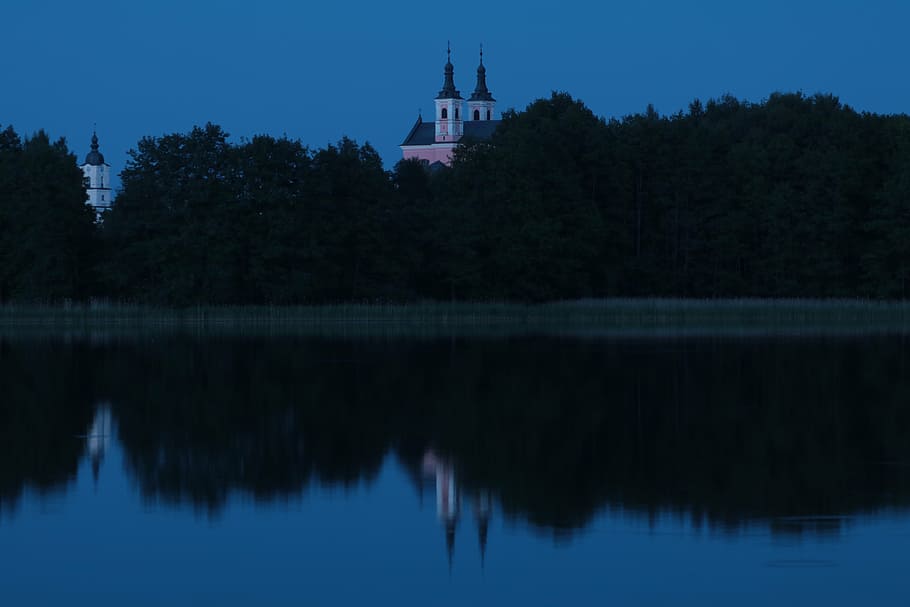 monastery, wigry, architecture, reflection, water, tree, plant, HD wallpaper