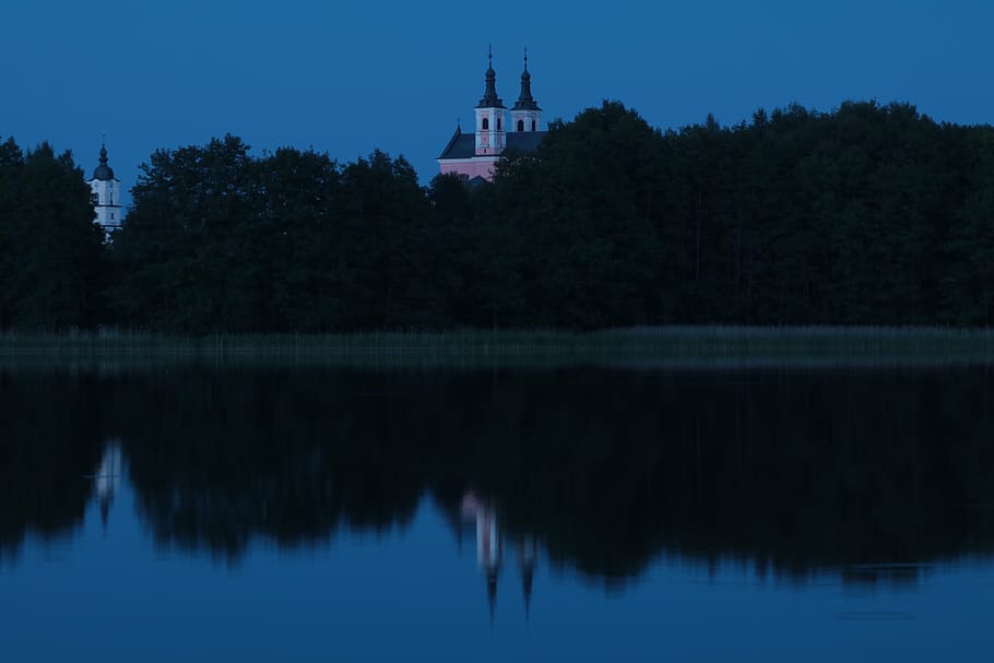 monastery, wigry, architecture, reflection, water, tree, plant HD wallpaper