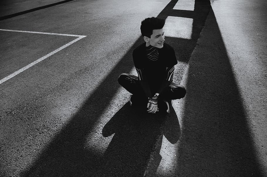 people, man, guy, alone, street, road, shadow, sunny, day, black and white HD wallpaper
