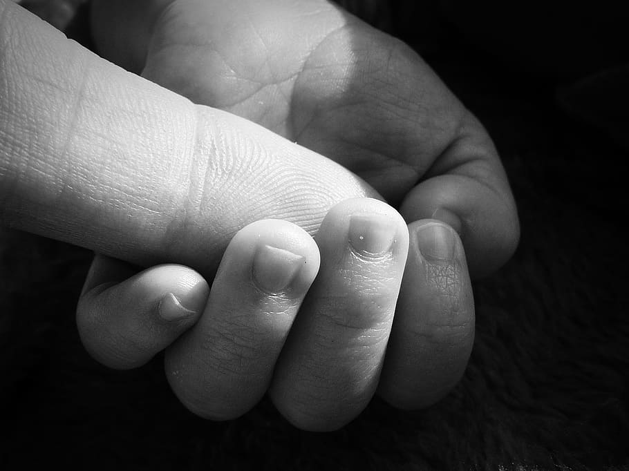 human finger on left palm, fingers, holding hands, baby, people