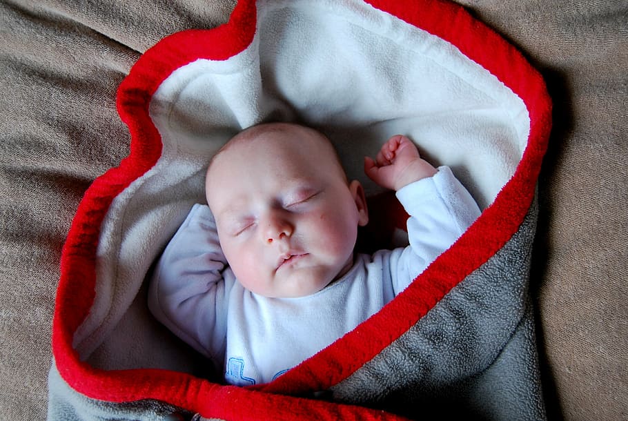 baby sleeping in sling carrier, blanket, child, people, newborn