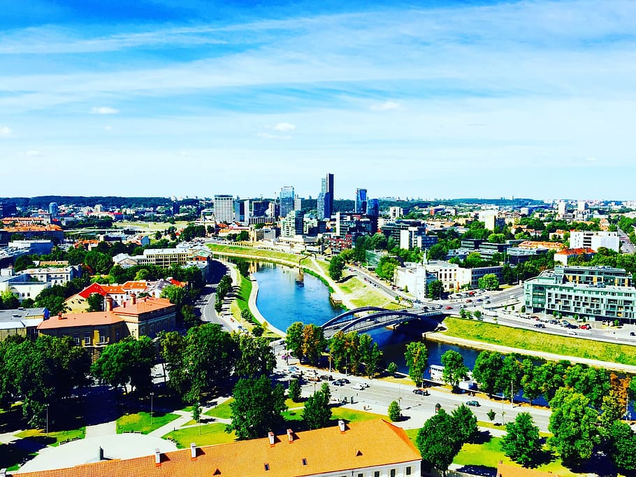 aerial view of buildings and trees, cityscape, river, town HD wallpaper