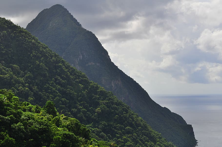 beach, landscape, mountain, nature, ocean, sea, sky, trees HD wallpaper