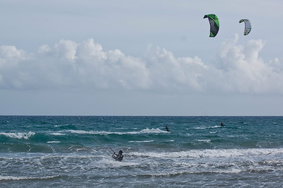 kitesurfer, kite surfing, kiters, kitesurfing, in the, sea, HD wallpaper