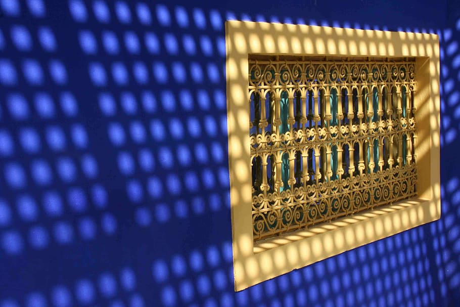 gold-colored metal window, morocco, marrakech, blue, design HD wallpaper
