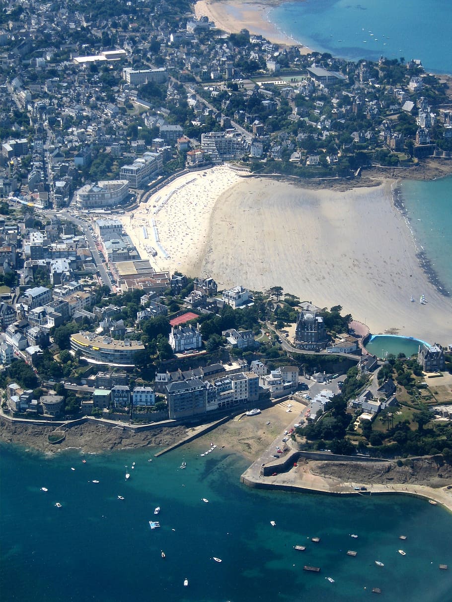 dinard, brittany, sea, beach, france, aerial view, built structure, HD wallpaper