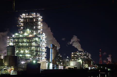 Factory, Night View, Light, Smoke, steampunk, fantastic, illumination HD wallpaper