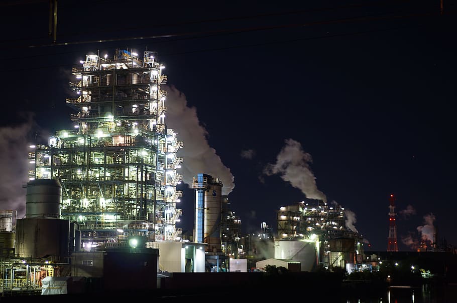 Factory, Night View, Light, Smoke, steampunk, fantastic, illumination HD wallpaper