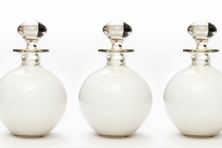 three white decanters, bath milk, glass, fund, background, about