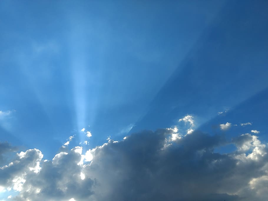 sky, clouds, blue, blue sky, white clouds, sun, space, rays HD wallpaper
