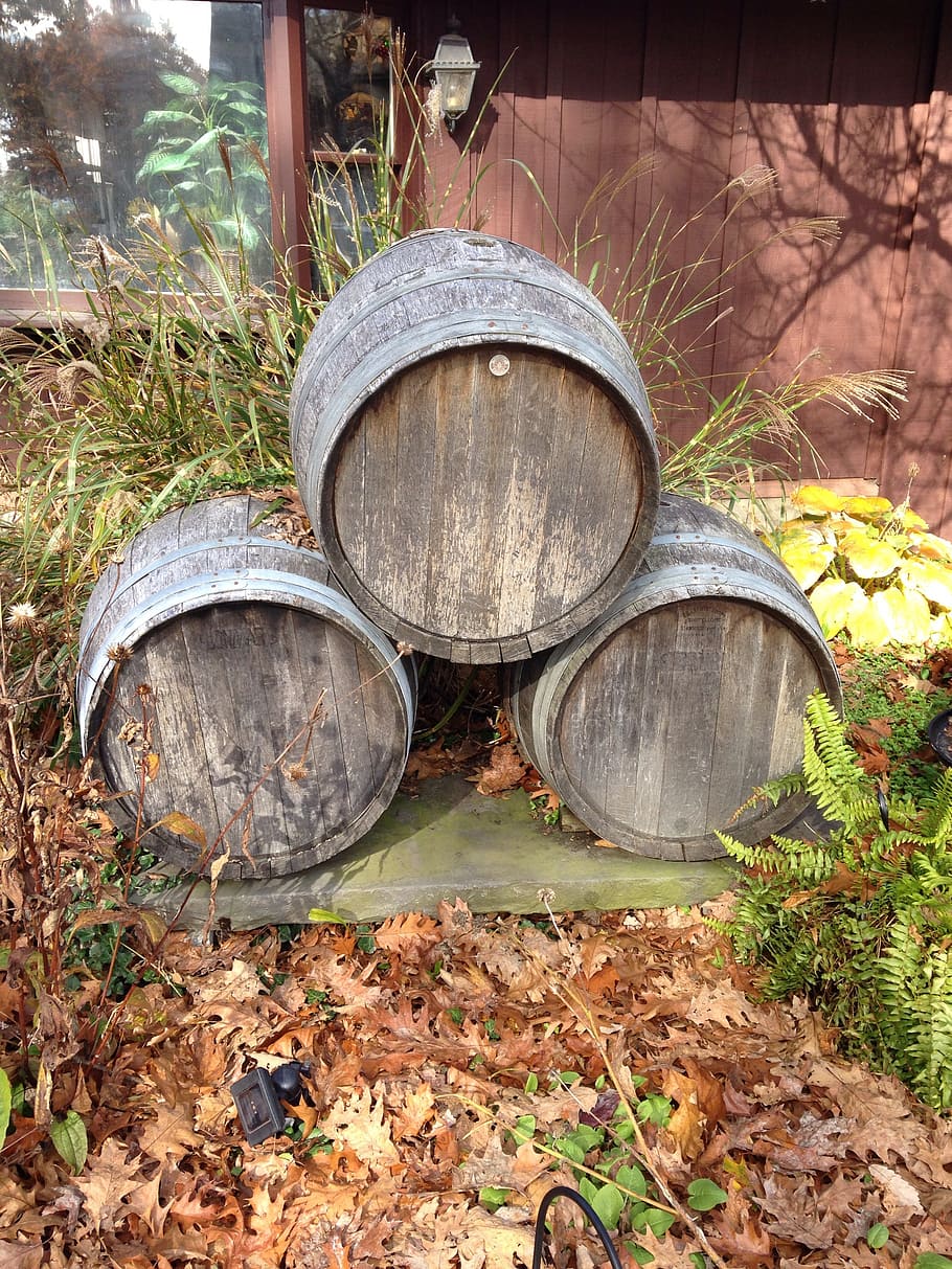 three stacked brown wooden barrels on brown wooden platform during daytime, HD wallpaper