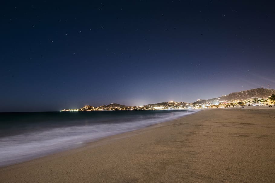 beach, night, sea, nature, coastline, sky, star - space, water HD wallpaper