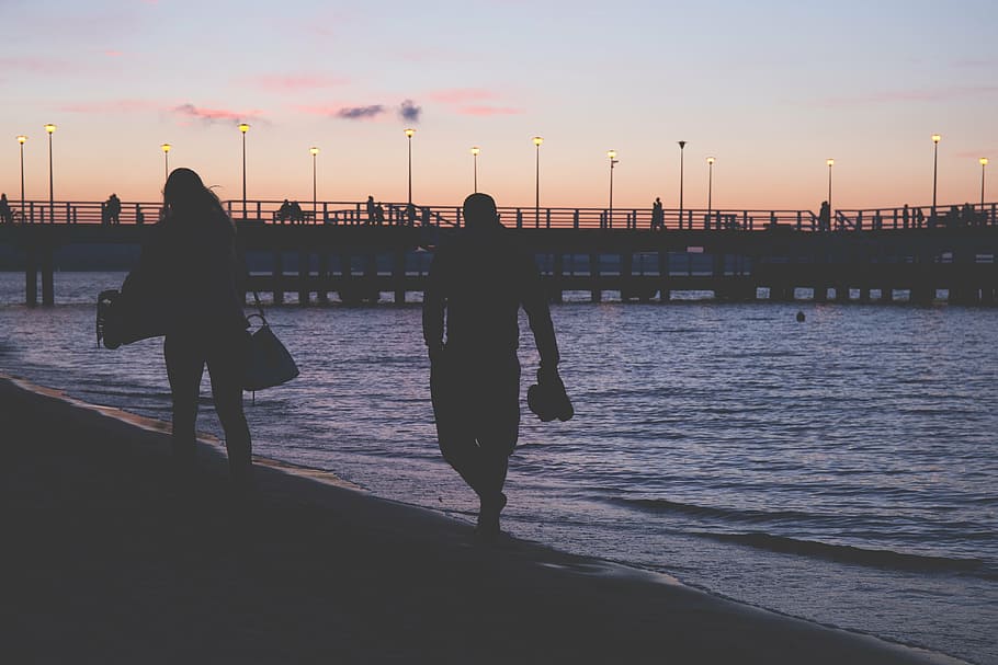 beach, sunset, people, sea, outdoors, women, pier, silhouette HD wallpaper