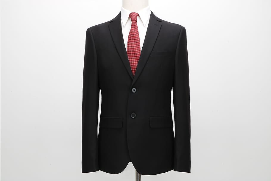 white dress shirt, red necktie, and black suit on dress form HD wallpaper