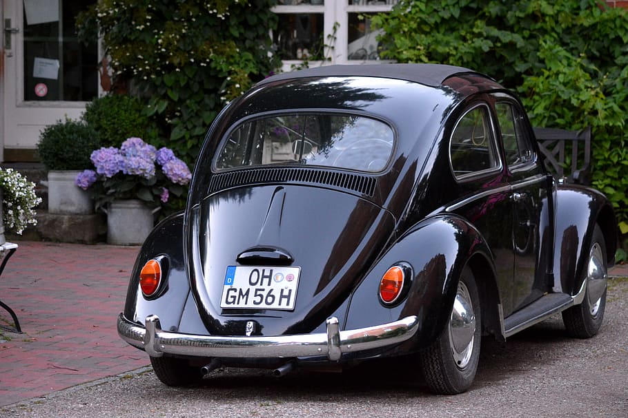 parked black Volkswagen Beetle coupe, technology, oldtimer HD wallpaper