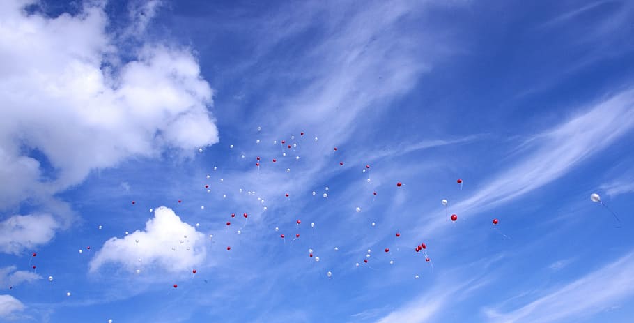 sky, balloons, blue, cloud - sky, mid-air, flying, low angle view HD wallpaper