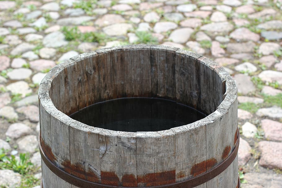 barrel, wooden, rain, cylinder, day, focus on foreground, no people HD wallpaper