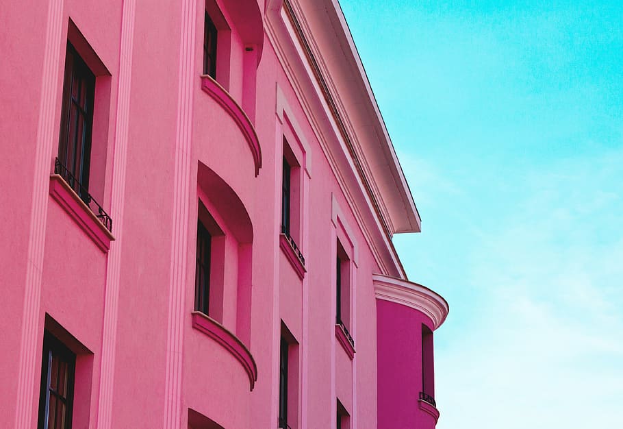 pink concrete building, pink concrete building with window closed under blue sky HD wallpaper