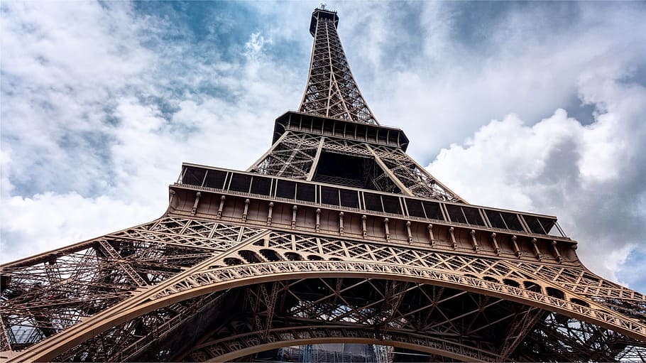 Eiffel Tower, Paris, monument, symbol, clouds, sky, structure