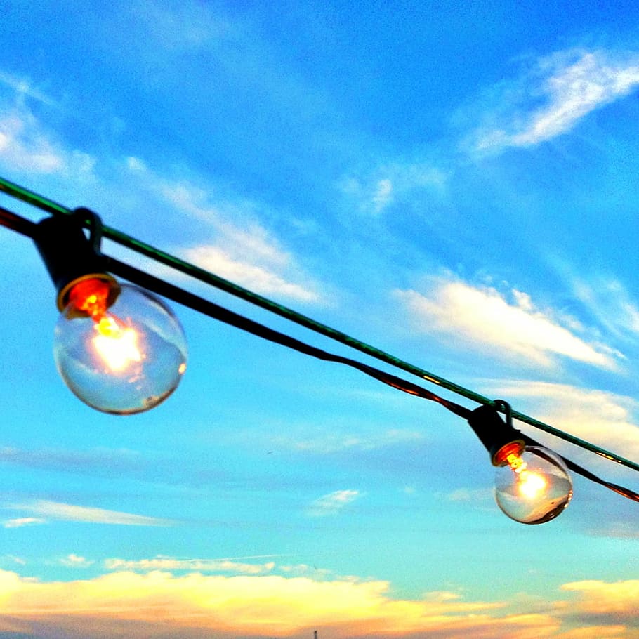 blue sky, bright, bulbs, clouds, daylight, electricity, illuminated HD wallpaper