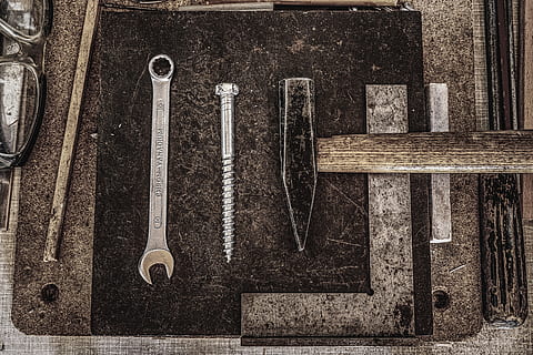 six gray steel hand tools, workshop, rustic, hammer, wrench HD wallpaper