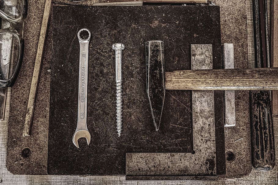 six gray steel hand tools, workshop, rustic, hammer, wrench HD wallpaper