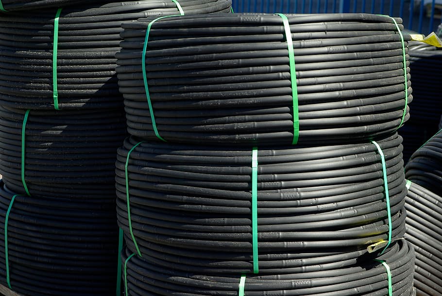 pipes, rolls, rubber, watering, stack, no people, large group of objects HD wallpaper