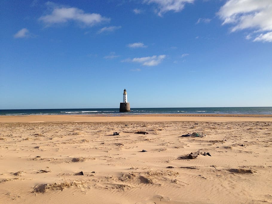 beach, lighthouse, sea, sand, landscape, horizon, rattray, coastline HD wallpaper