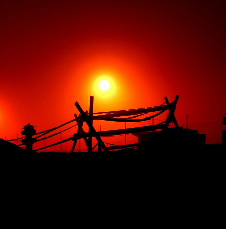 work, excavation, barrier, red, silhouette, sunset, sky, orange color HD wallpaper