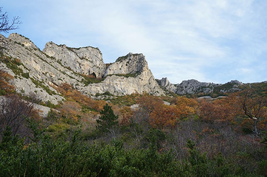 fall, saou, forest, rocks, wood, hiking, nature, sky, plant HD wallpaper
