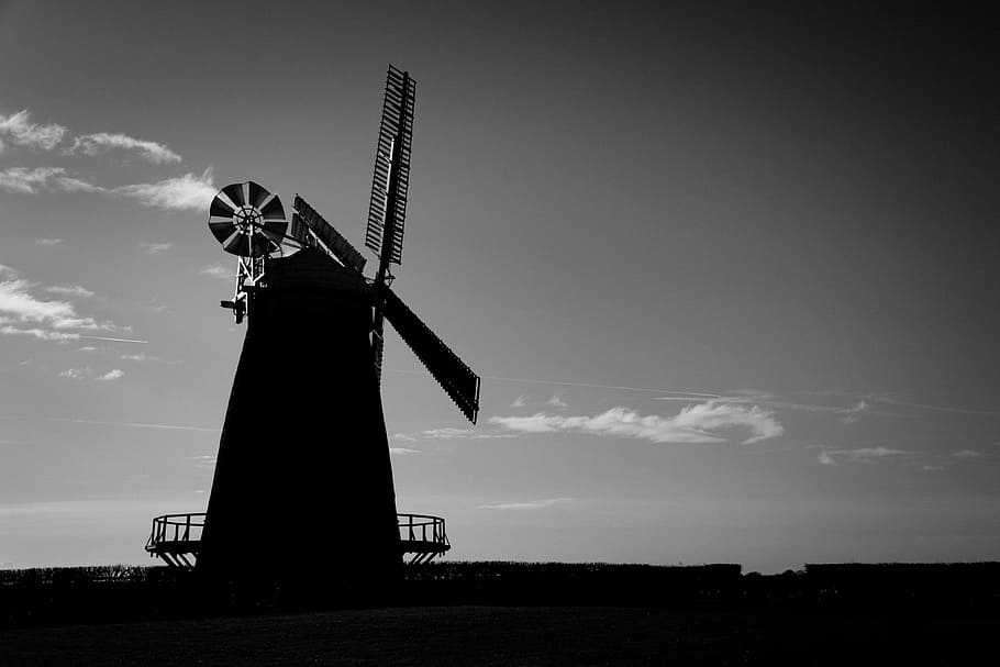 silhouette of windmill, grayscale photo of windmill, architecture HD wallpaper