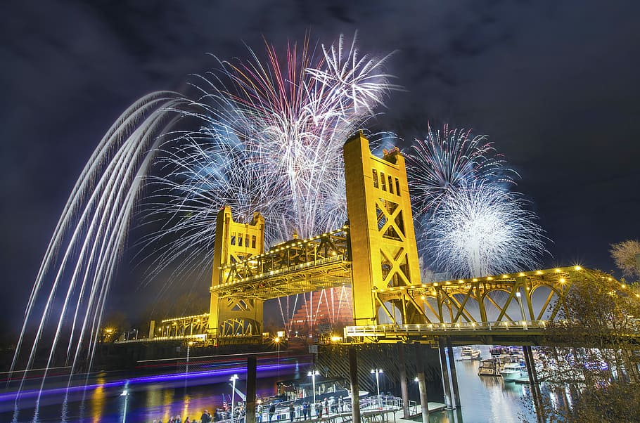 bridge with fireworks during nighttime, photo of golden bridge with fireworks HD wallpaper
