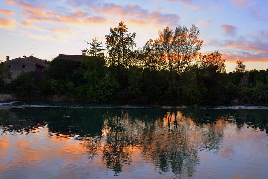sunset, mirror, reflection, water, river, mincio, italy, borghetto HD wallpaper