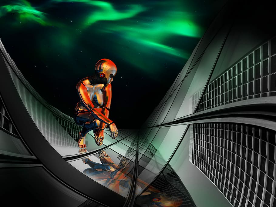 animated character sitting on curved platform with green northern lights on background digital wallpaper, HD wallpaper