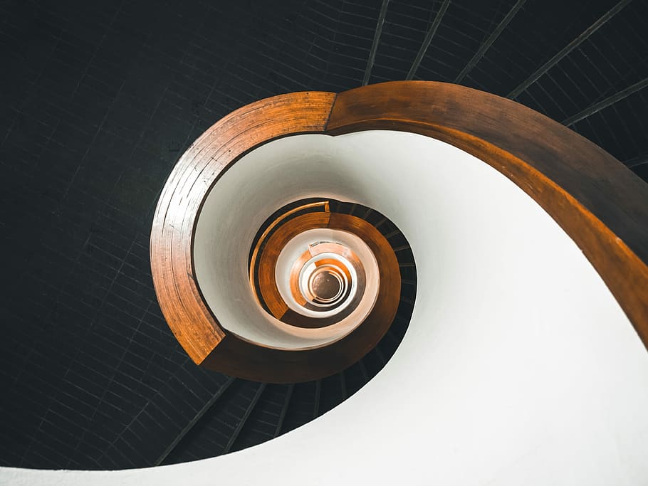 photo showing spiral staircase, empty white and black spiral staircase HD wallpaper