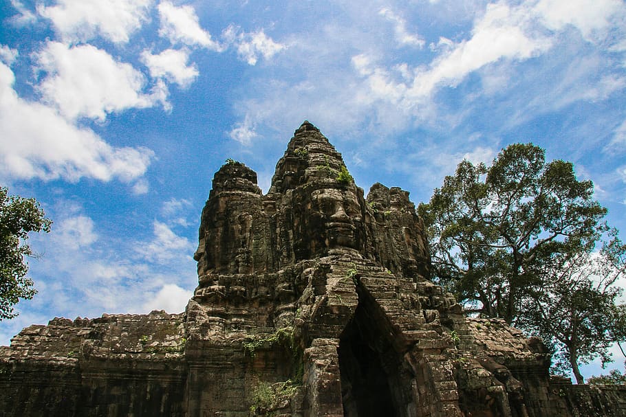 cambodia, ruins, ancient, low angle view, religion, sky, place of worship HD wallpaper