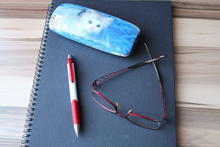 notebook, pen, workplace, glasses, indoors, blue, still life HD wallpaper
