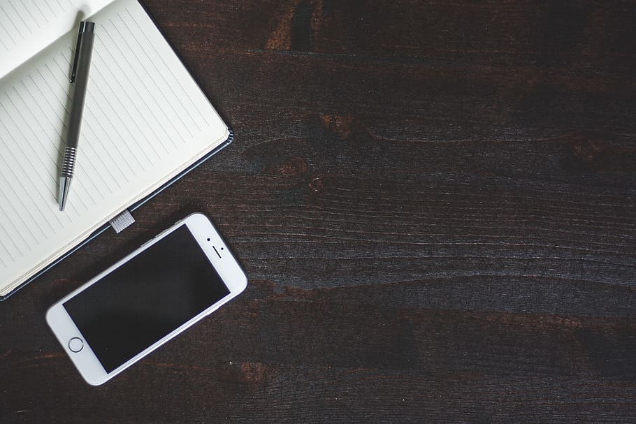 Silver Iphone 6 Beside White Book With Pen, apple, mobile phone HD wallpaper