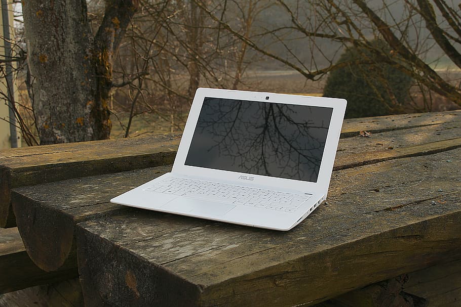 white Asus laptop computer on table, notebook, work, independent HD wallpaper
