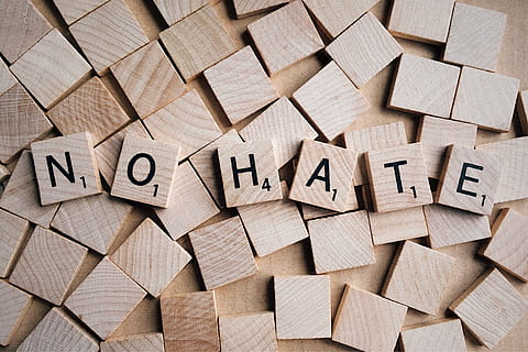 brown wooden No Hate puzzle block lot, word, letters, scrabble HD wallpaper