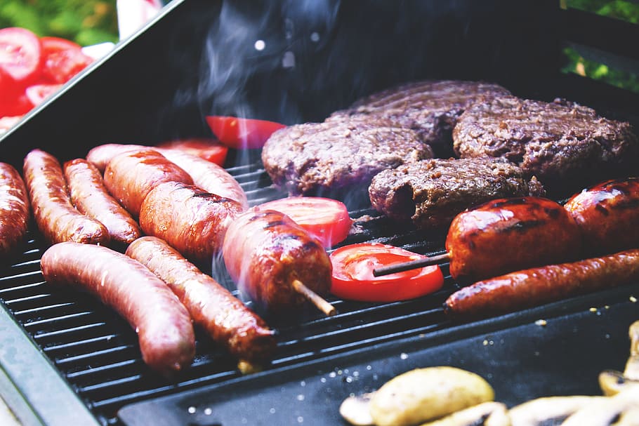 Sausages and meat on BBQ, food/Drink, barbecue, barbeque, cooking
