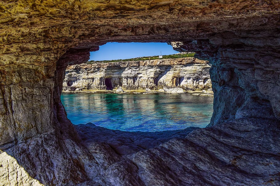 sea, landscape, nature, beach, cave, cavo greco, cliff, cyprus HD wallpaper