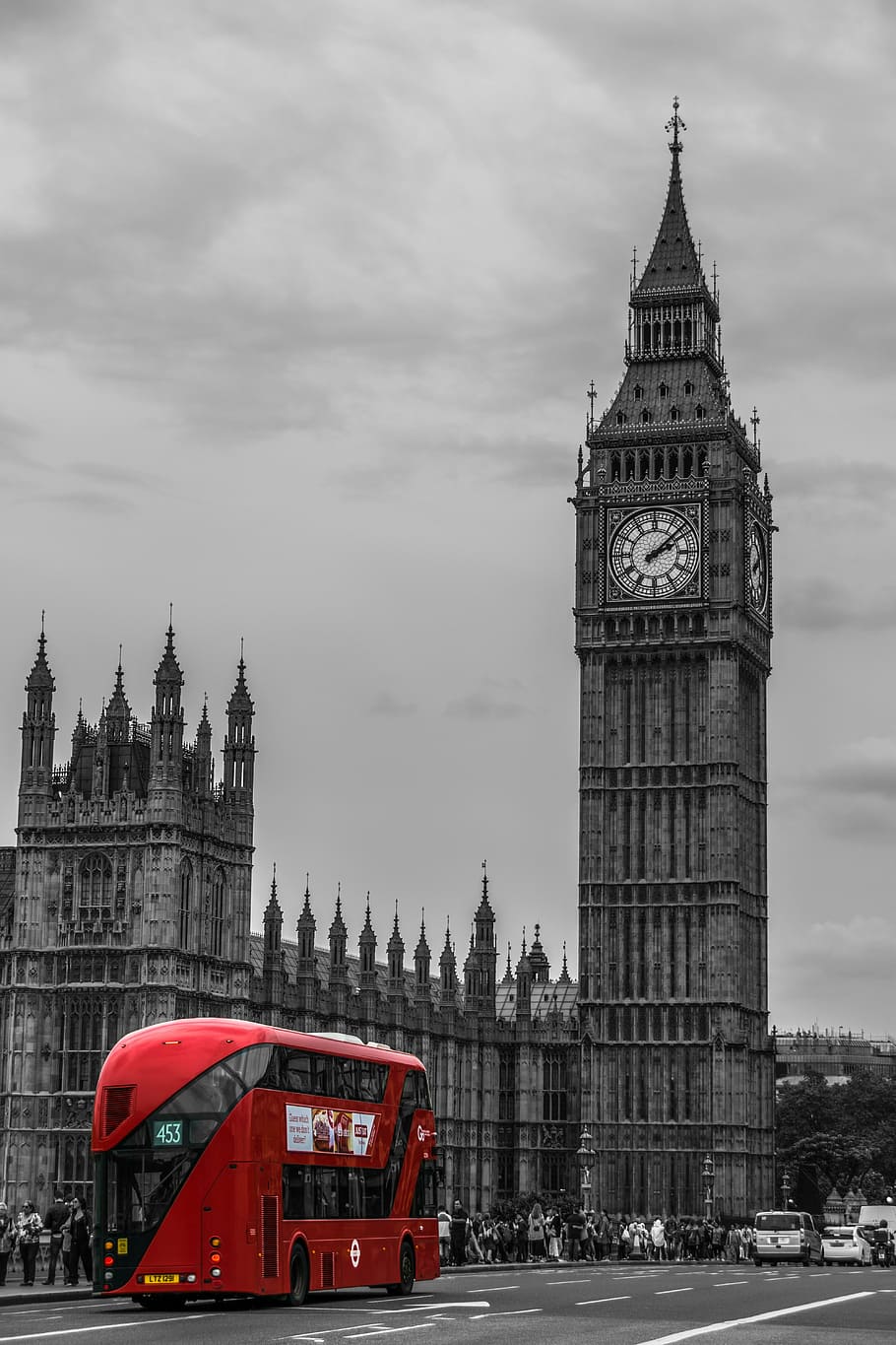 selective color photo of red bus, london, double decker bus, street scene