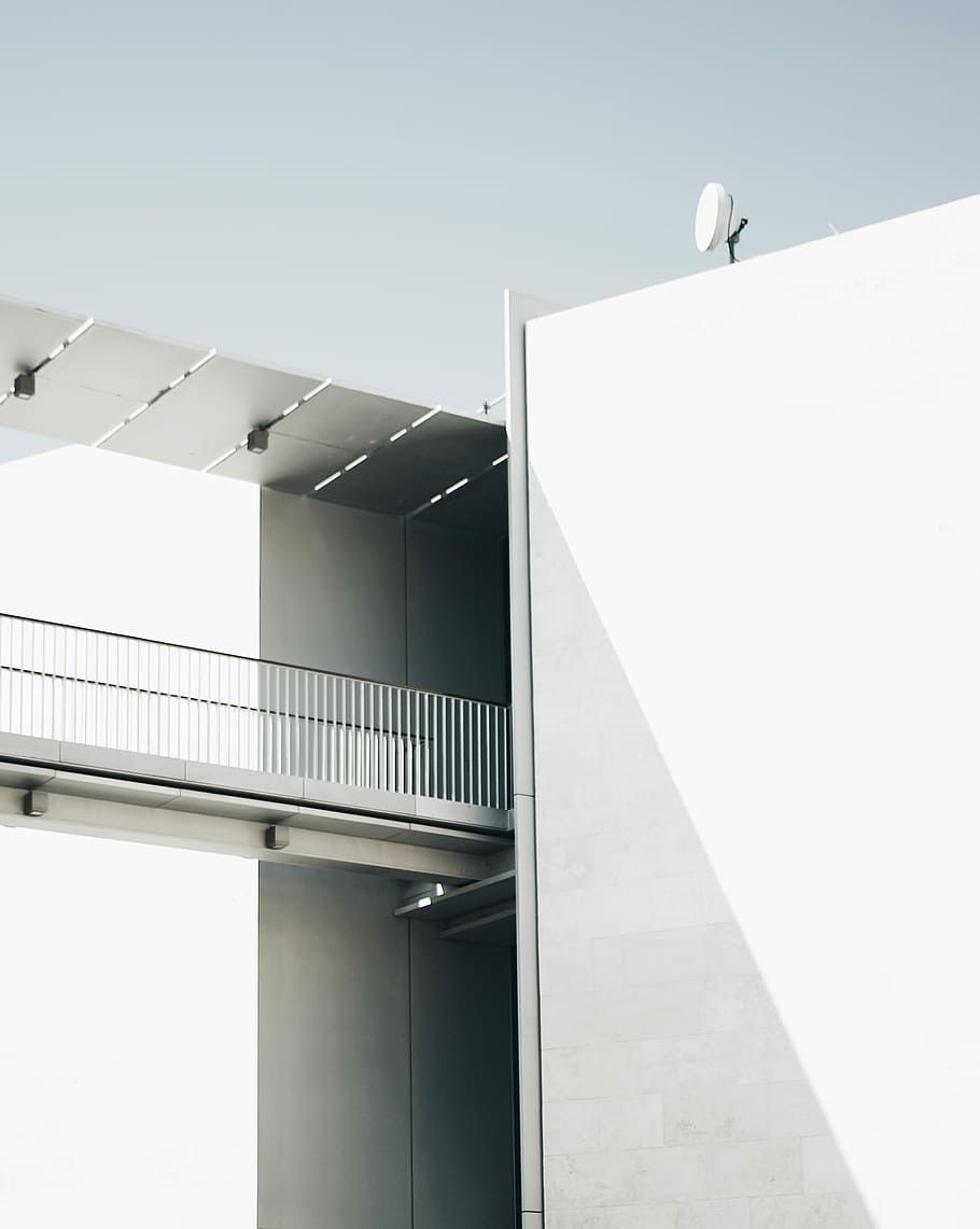 white building under sky, white bridge with building, walkway HD wallpaper