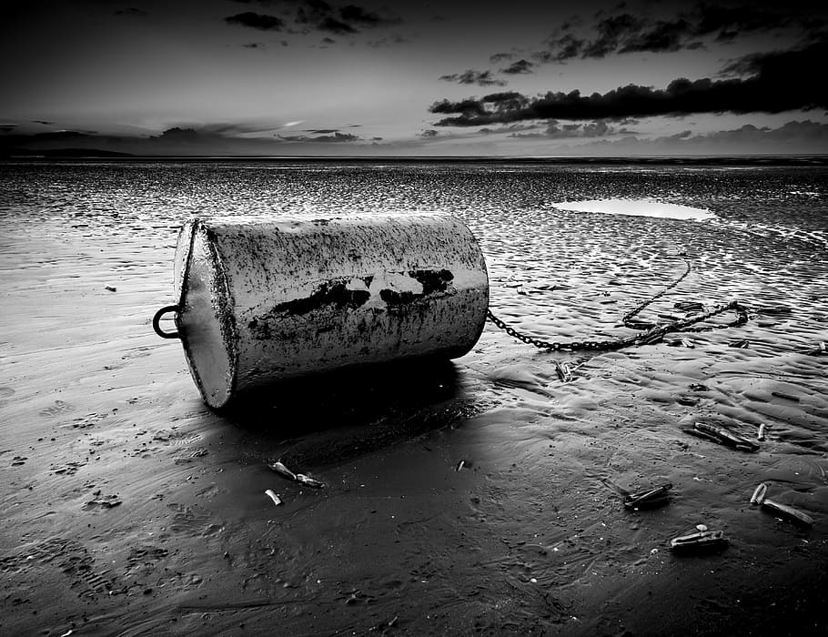 sunset, beach, b w, bouy, water, sea, sand, abandoned, outdoors HD wallpaper